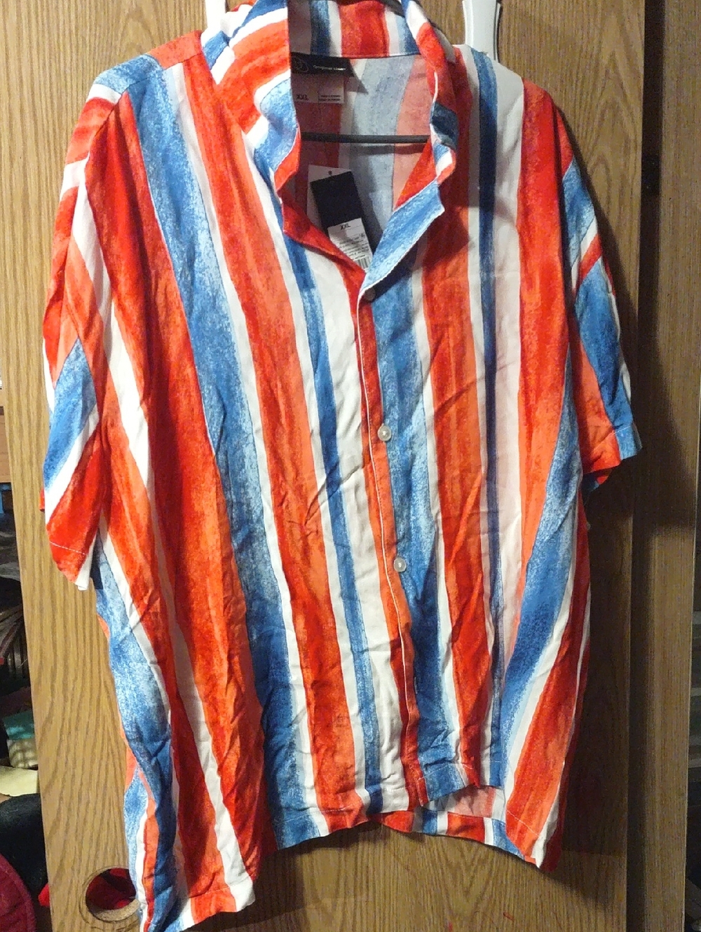 Original Use Men's Short-Sleeve Button-Down Shirt in Red, Blue & White Stripes
